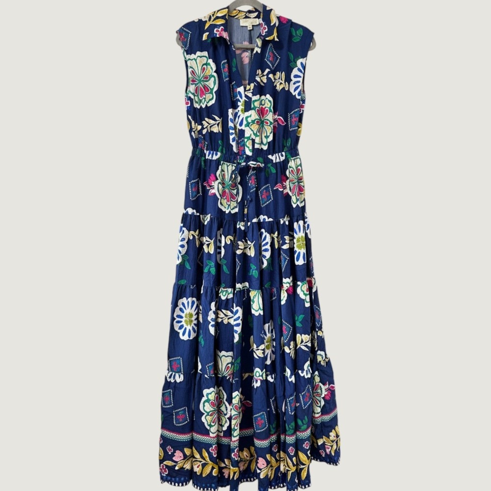 Pinch Floral Tiered Maxi Dress Women Large Navy Blue Boho Sleeveless
